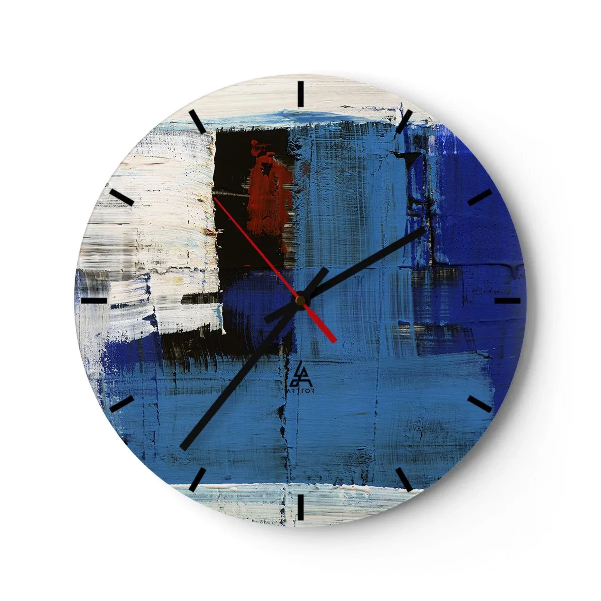Reloj de pared - Reloj de vidrio - Abstracción moderna con azul dominante y acentos de rojo. - 30x30cm - El secreto del azul - Decoración de pared moderna para salón, cocina y dormitorio ARTTOR