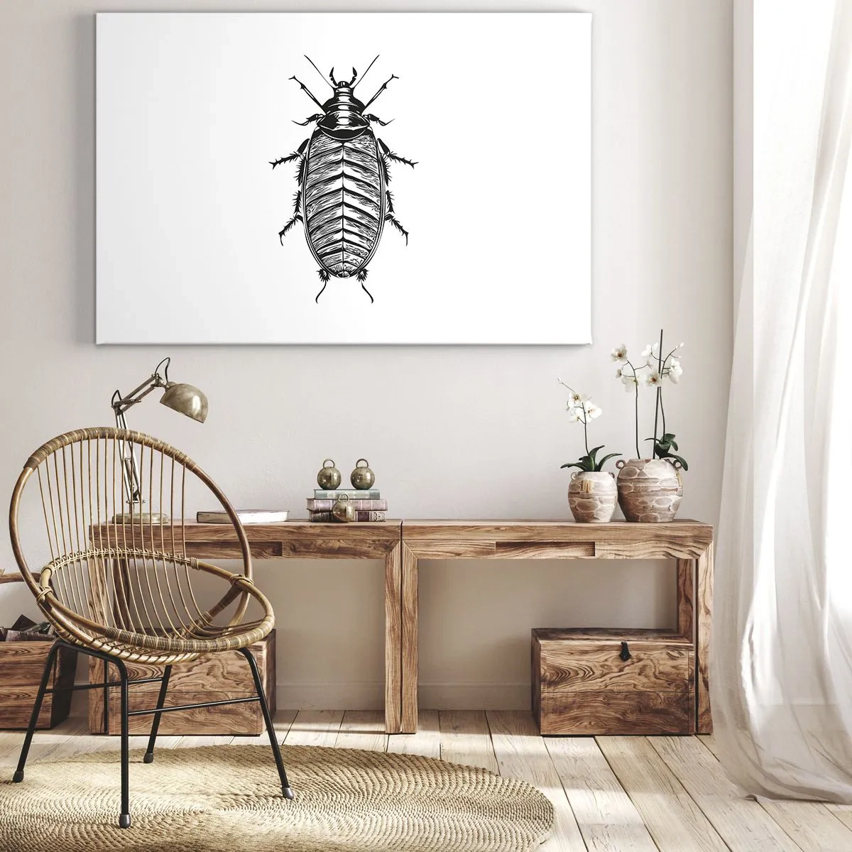 Cuadro sobre lienzo - Impresión de Imagen - Gráfico de un insecto en blanco y negro sobre un fondo blanco. - 100x70cm - ¡Qué espécimen! - Decoración de pared moderna para salón y dormitorio ARTTOR