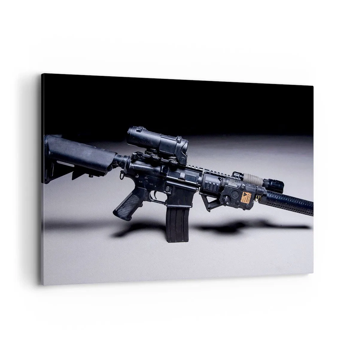 Cuadro sobre lienzo - Impresión de Imagen - Un rifle moderno en negro sobre un fondo oscuro. - 100x70cm - Un caballero oscuro - Decoración de pared moderna para salón y dormitorio ARTTOR
