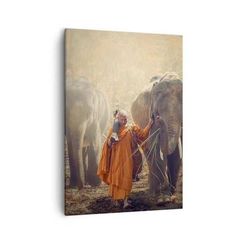Cuadro sobre lienzo - Impresión de Imagen - Un monje con una túnica naranja guía un elefante en el bosque. - 50x70cm - Comprensión total - Decoración de pared moderna para salón y dormitorio ARTTOR