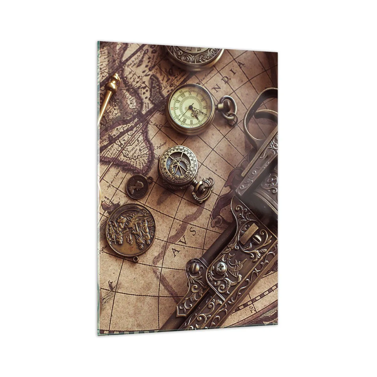 Cuadro sobre vidrio - Impresiones sobre Vidrio - Objetos antiguos en un mapa antiguo en estilo retro. - 70x100cm - La aventura llama - Decoración de pared moderna para salón y dormitorio ARTTOR