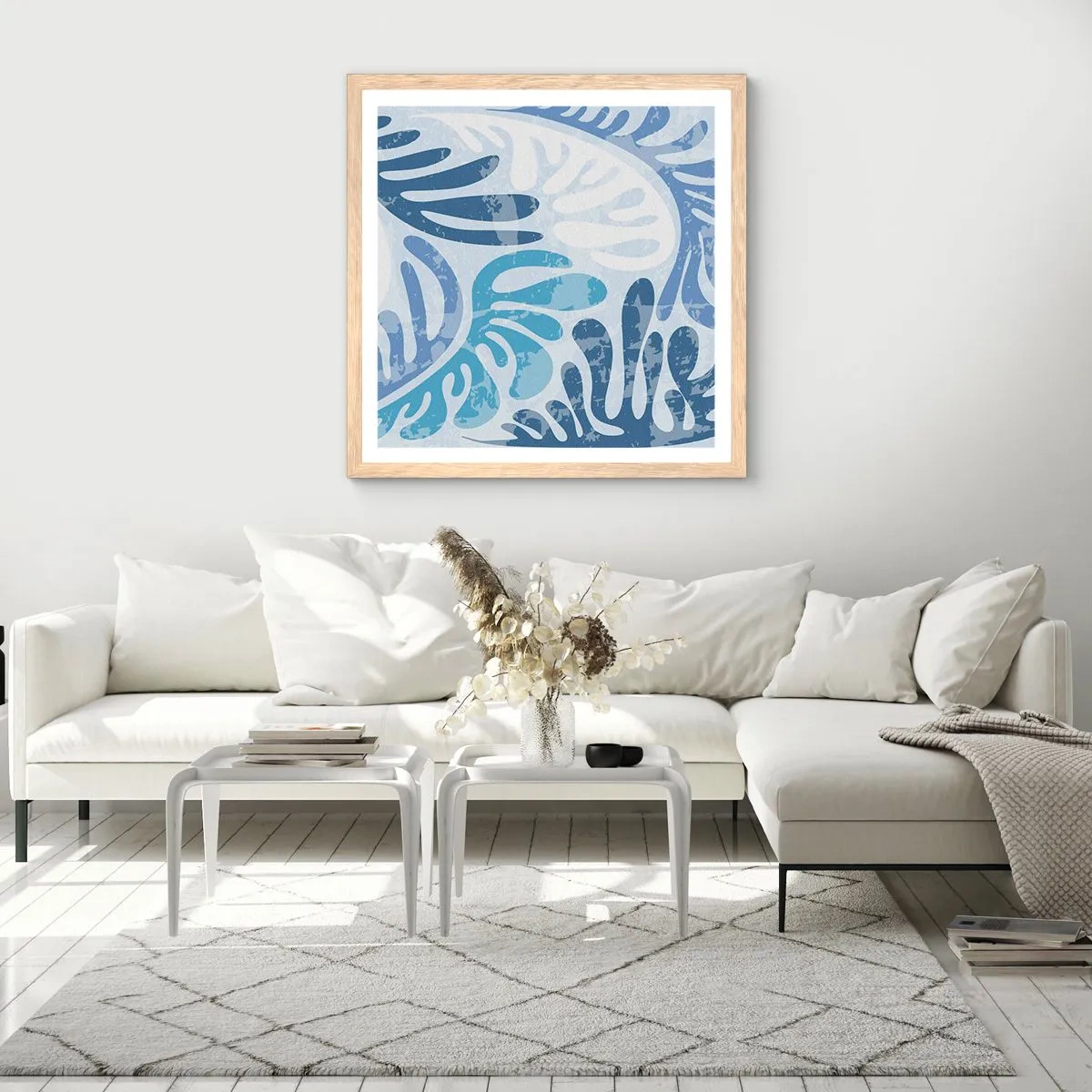 Póster en marco roble claro - Helechos azules - 30x30 cm