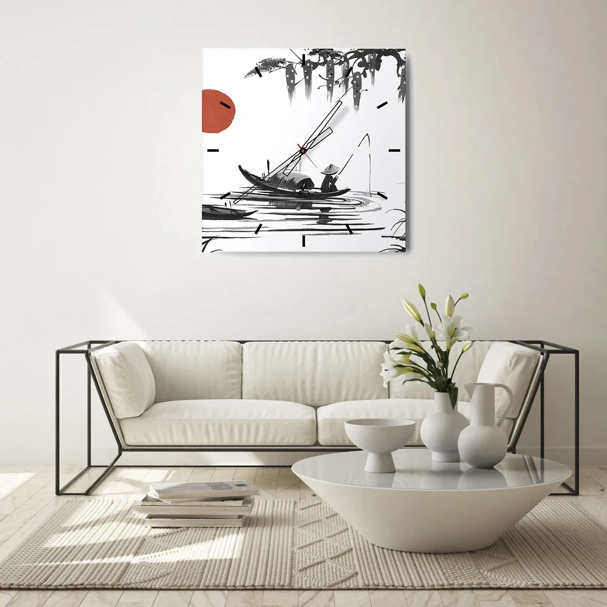 Reloj de pared - Reloj de vidrio - Paisaje oriental con un pescador en un barco y un sol rojo. - 30x30cm - Una tarde asiática - Decoración de pared moderna para salón y dormitorio ARTTOR