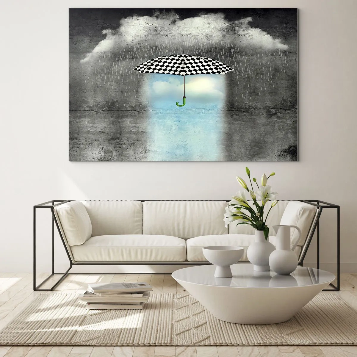Cuadro sobre vidrio - Impresiones sobre Vidrio - Un paraguas a cuadros blancos y negros sobre un fondo de lluvia y nubes. - 120x80cm - Y sin embargo, es posible - Decoración de pared moderna para salón y dormitorio ARTTOR