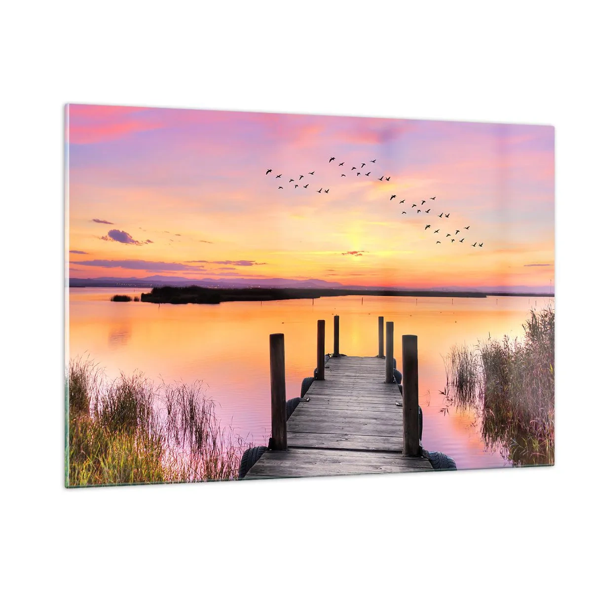 Cuadro sobre vidrio - Impresiones sobre Vidrio - Muelle junto al lago al atardecer con pájaros en el cielo - 120x80cm - Violeta amanecer silencioso - Decoración de pared moderna para salón y dormitorio ARTTOR