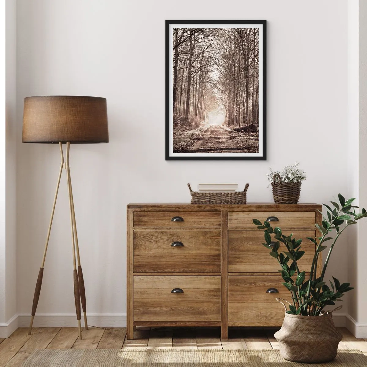 Póster en marco negro - Un sendero forestal en tonos sepia otoñales. - 50x70cm - La catedral del bosque - Decoración de pared moderna para salón y dormitorio ARTTOR