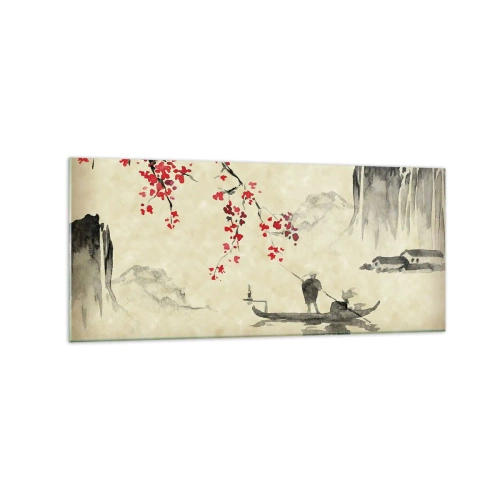 Cuadro sobre vidrio - Impresiones sobre Vidrio - Ilustración oriental con un barco y una rama floreciente. - 120x50cm - En el país de los cerezos en flor - Decoración de pared moderna para salón y dormitorio ARTTOR