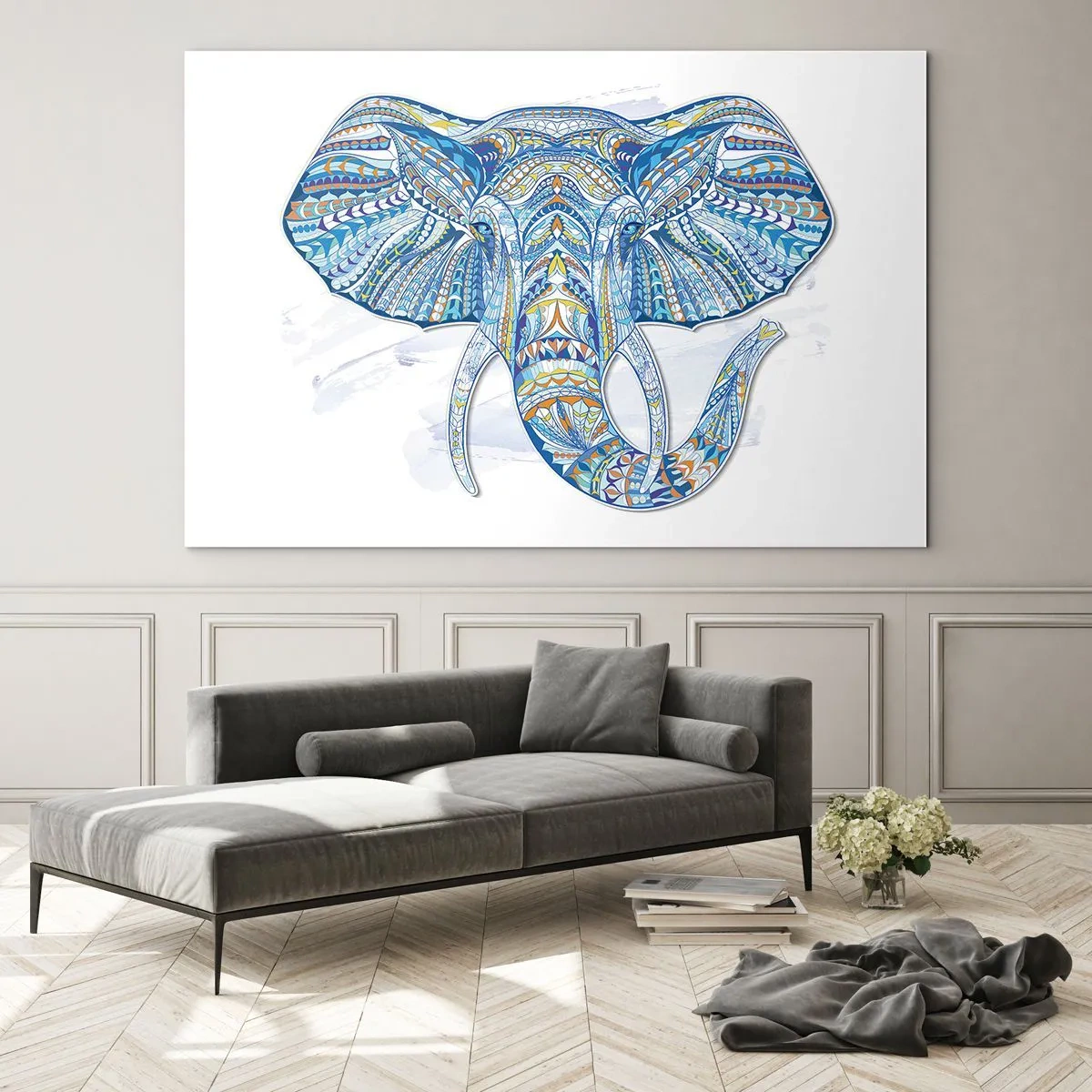 Cuadro sobre vidrio - Impresiones sobre Vidrio - Elefante azul en estilo artístico con patrones geométricos. - 70x50cm - Con incrustaciones de oro y azul - Decoración de pared moderna para salón y dormitorio ARTTOR