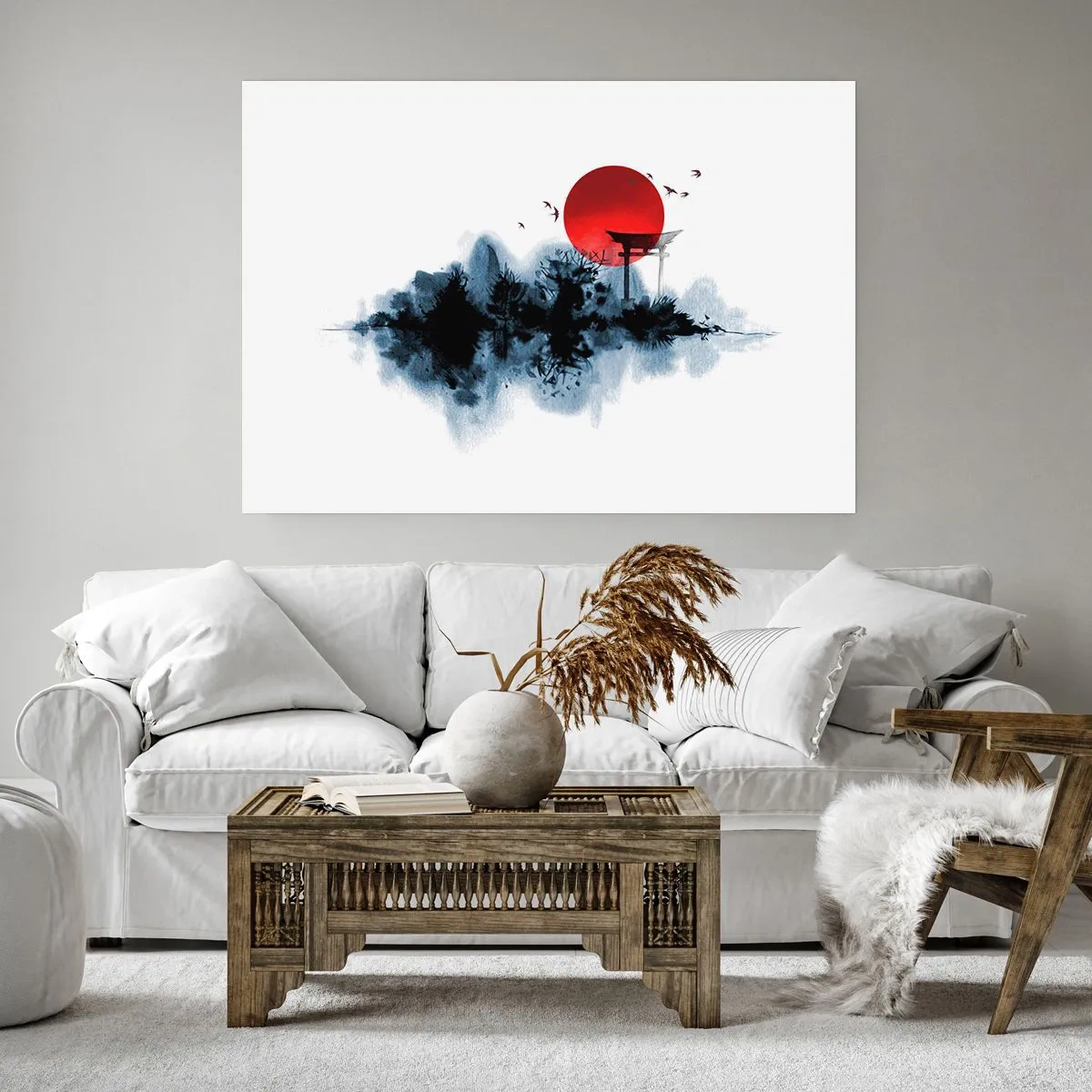 Póster - Sol rojo sobre un paisaje pintoresco con torii - 100x70cm - Visión japonesa - Decoración de pared moderna para salón y dormitorio ARTTOR