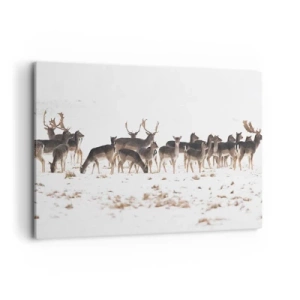 Cuadro sobre lienzo - Impresión de Imagen - Una manada de ciervos sobre un fondo nevado. - 120x80cm - ¿Se acerca la Navidad? - Decoración de pared moderna para salón y dormitorio ARTTOR