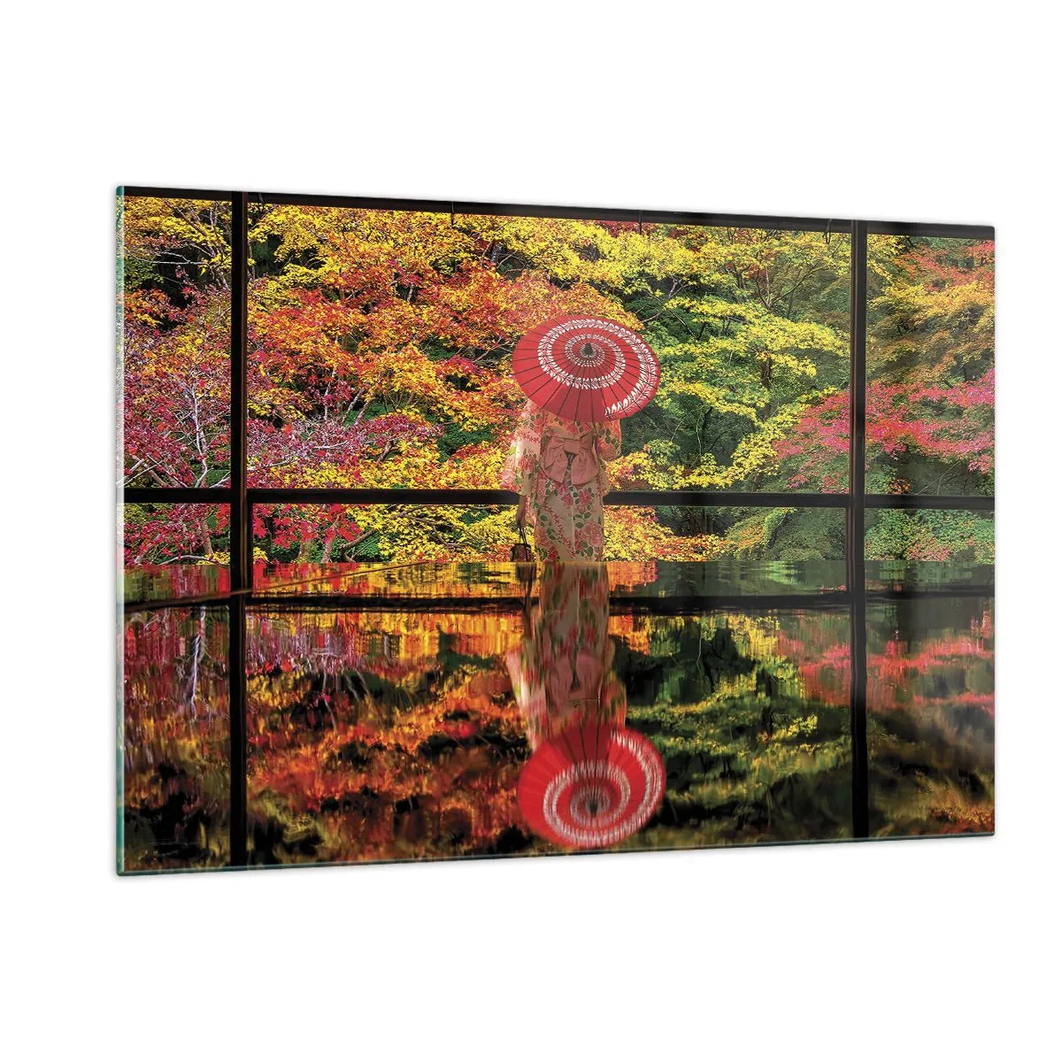 Cuadro sobre vidrio - Impresiones sobre Vidrio - Una mujer con un kimono y un paraguas frente a un paisaje otoñal, reflejado en el agua. - 120x80cm - En un templo de la naturaleza - Decoración de pared moderna para salón y dormitorio ARTTOR