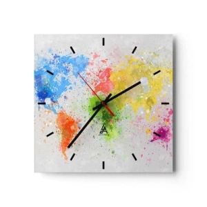Reloj de pared - Reloj de vidrio - Un mapa del mundo en una colorida interpretación de acuarela. - 30x30cm - Todos los colores del mundo - Decoración de pared moderna para salón y dormitorio ARTTOR