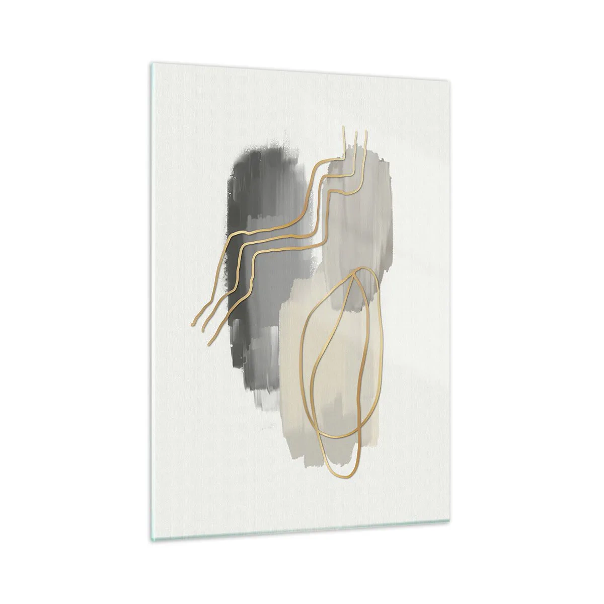 Cuadro sobre vidrio - Impresiones sobre Vidrio - Abstracción con manchas grises y líneas doradas sobre un fondo claro. - 50x70cm - Persistencia y movimiento - Decoración de pared moderna para salón y dormitorio ARTTOR