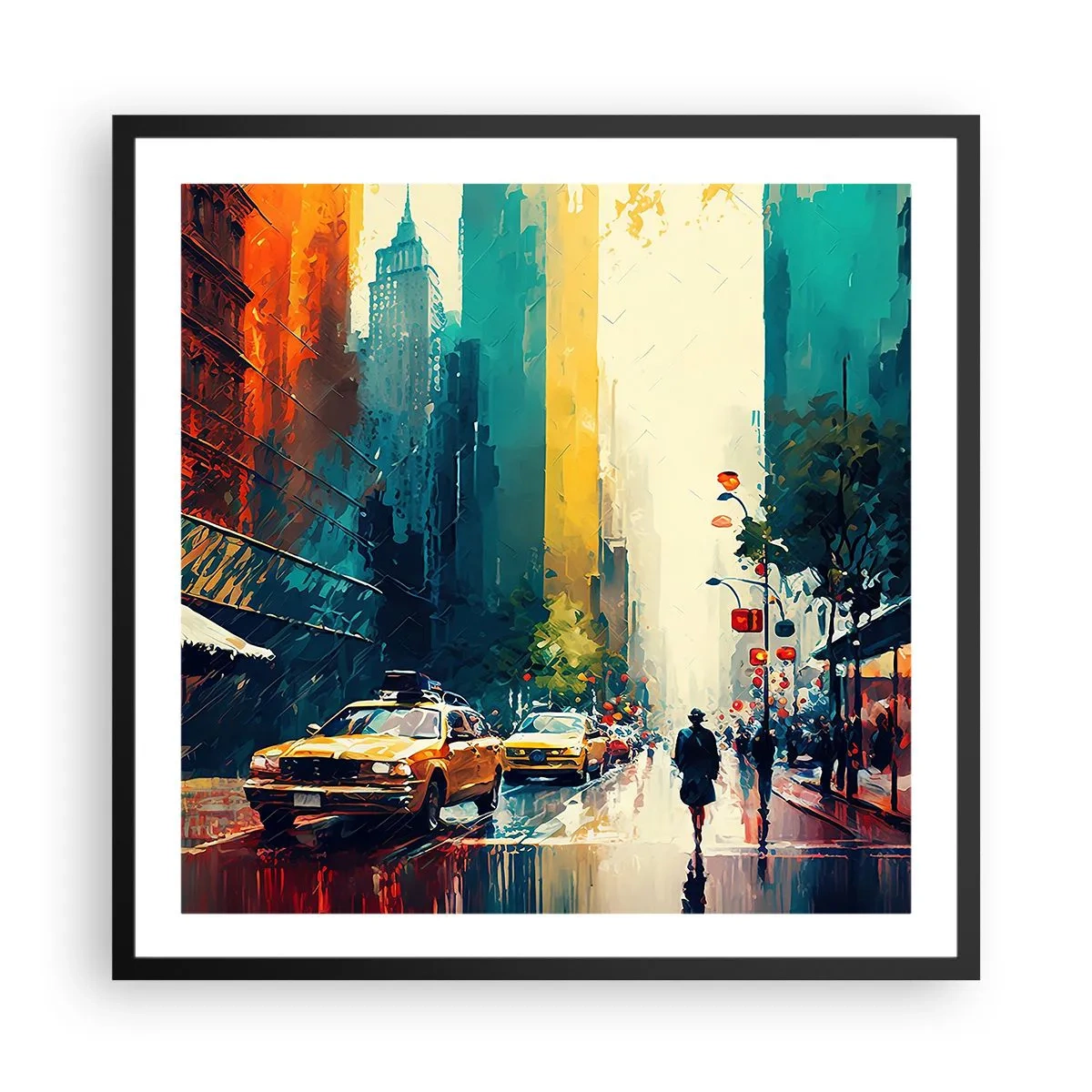 Póster en marco negro - Nueva York - hasta la lluvia es colorida - 60x60 cm
