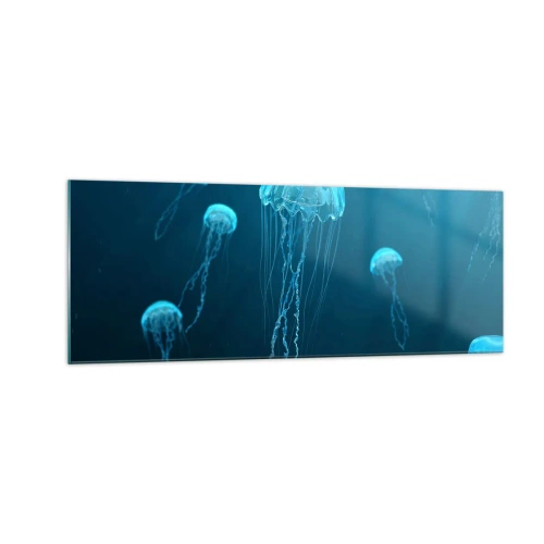Cuadro sobre vidrio - Impresiones sobre Vidrio - Medusas flotando en las profundidades del océano en tonos azules. - 140x50cm - Danza oceánica - Decoración de pared moderna para salón y dormitorio ARTTOR