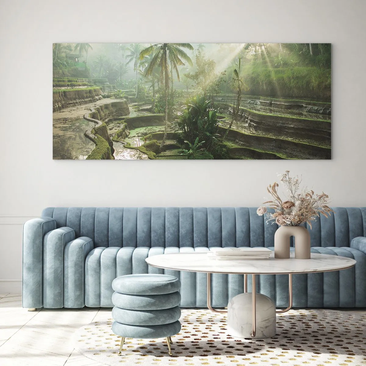 Cuadro sobre vidrio - Impresiones sobre Vidrio - Terrazas de arroz con palmeras bajo los rayos del sol - 120x50cm - Crecer bajo el sol - Decoración de pared moderna para salón y dormitorio ARTTOR