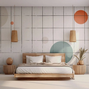 Fotomural Premium Sand - Círculos de colores sobre un fondo de una cuadrícula de líneas negras finas. - 100x70cm - Atrapados. ¿Nosotros o ellos? - Decoración de pared moderna para salón y dormitorio ARTTOR