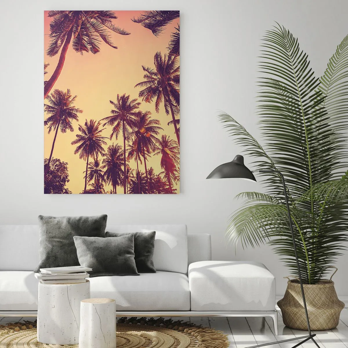 Cuadro sobre vidrio - Impresiones sobre Vidrio - Palmeras contra el cielo con cálidos colores del atardecer. - 70x100cm - Variante tropical - Decoración de pared moderna para salón y dormitorio ARTTOR