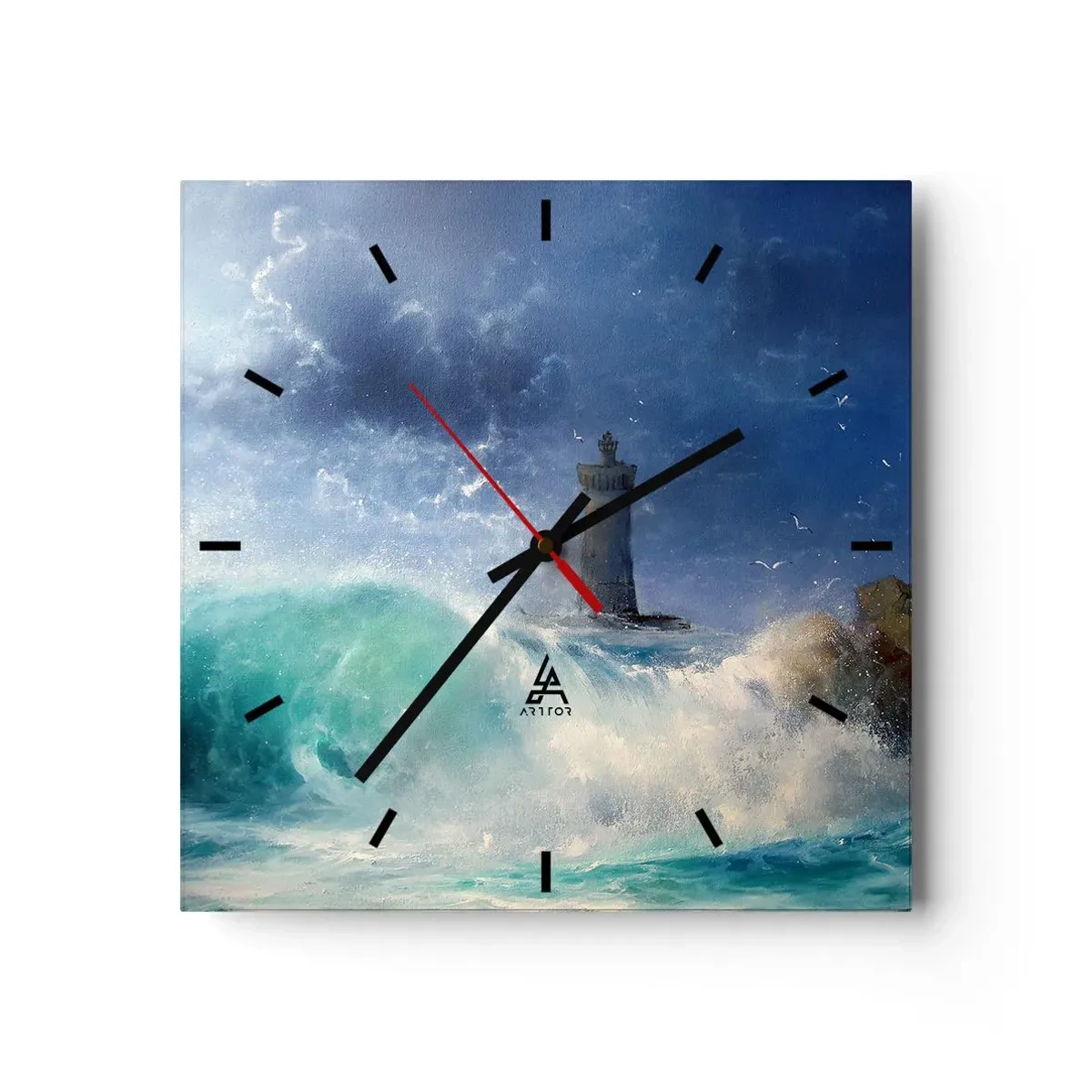 Reloj de pared - Reloj de vidrio - Un faro rodeado de fuertes olas y nubes. - 30x30cm - En guardia contra los elementos - Decoración de pared moderna para salón y dormitorio ARTTOR