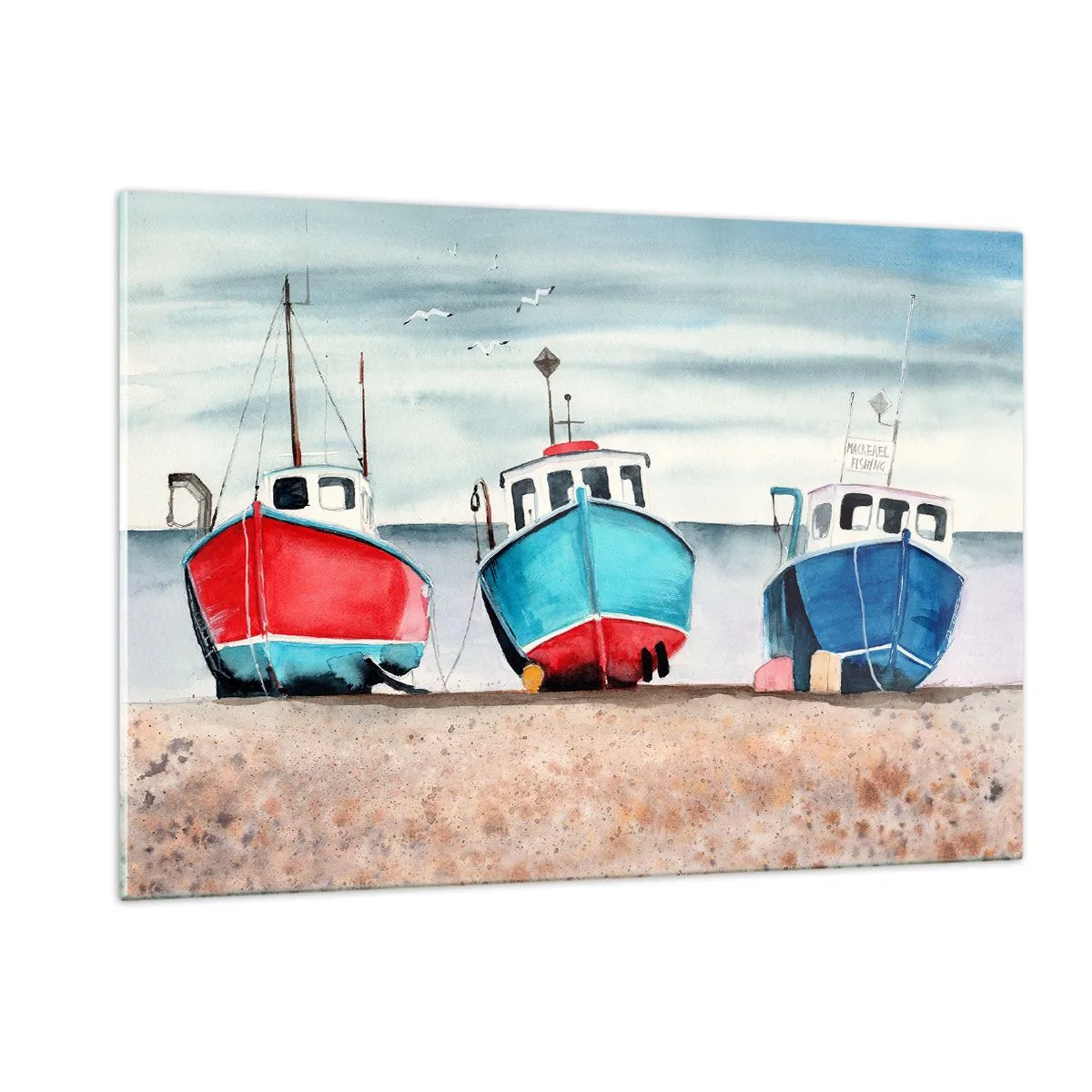 Cuadro sobre vidrio - Impresiones sobre Vidrio - Tres coloridos barcos de pesca en la orilla del mar - 120x80cm - Listos para la pesca - Decoración de pared moderna para salón y dormitorio ARTTOR