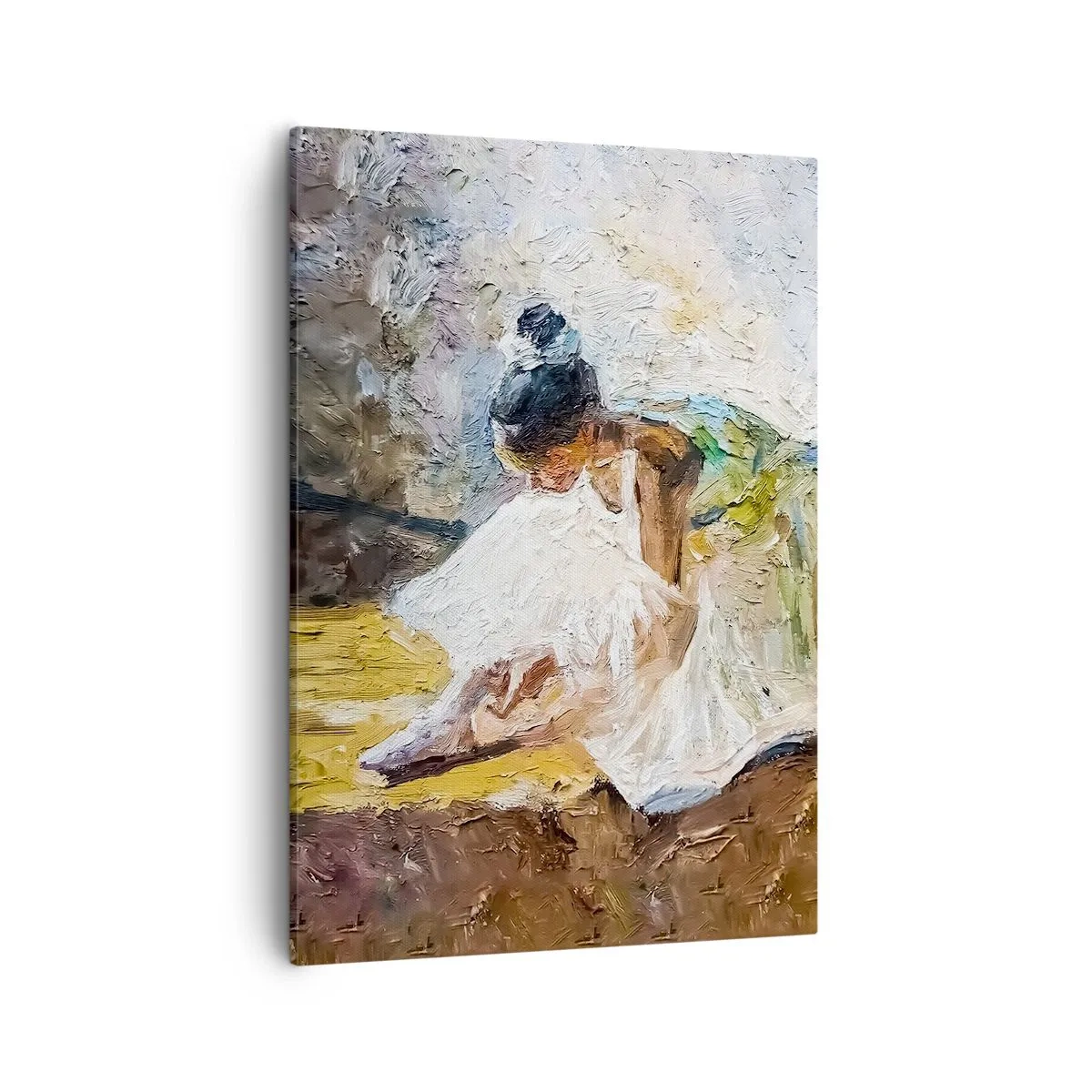Cuadro sobre lienzo - Impresión de Imagen - Una bailarina con un vestido blanco de estilo pictórico sobre un fondo impresionista. - 50x70cm - De un cuadro de Degas - Decoración de pared moderna para salón y dormitorio ARTTOR