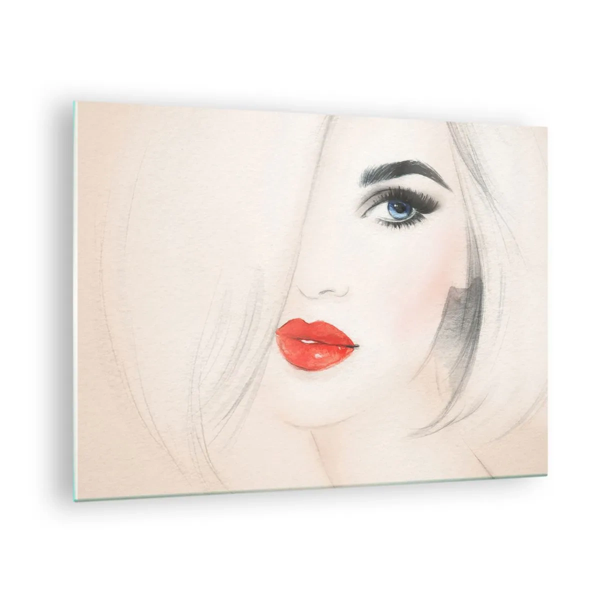 Cuadro sobre vidrio - Impresiones sobre Vidrio - Retrato de una mujer con cabello claro, labios rojos y ojos azules. - 70x50cm - Hipnotiza y embriaga - Decoración de pared moderna para salón y dormitorio ARTTOR