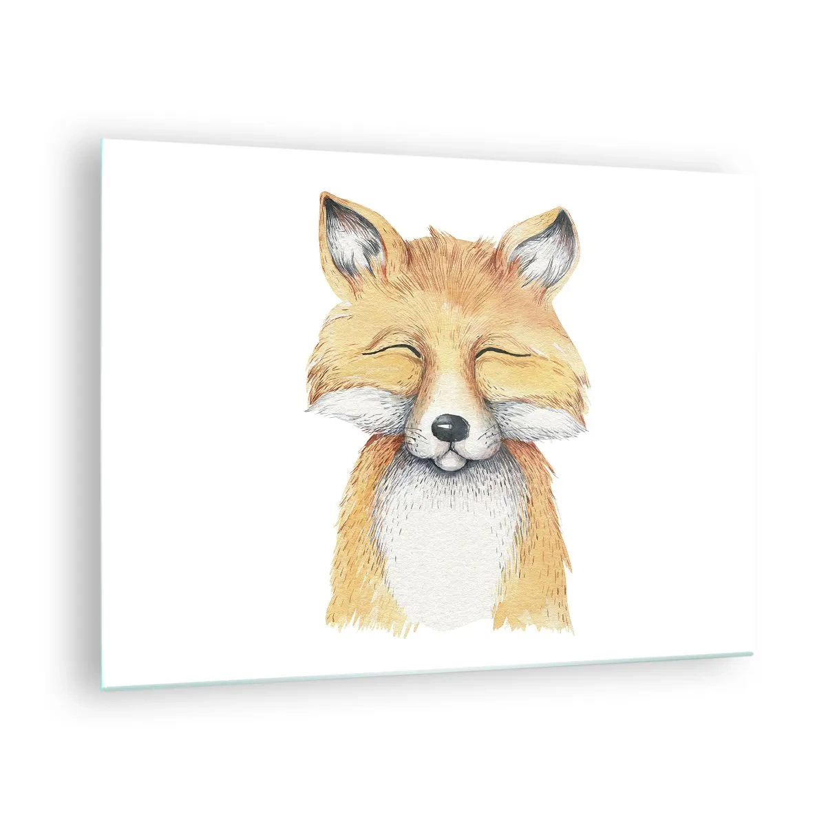 Cuadro sobre vidrio - Impresiones sobre Vidrio - Un lindo zorro con los ojos cerrados sobre un fondo blanco. - 70x50cm - Humor de zorro - Decoración de pared moderna para salón y dormitorio ARTTOR