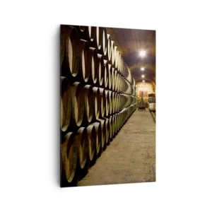 Cuadro sobre lienzo - Impresión de Imagen - Una bodega con barriles de vino de madera dispuestos en filas. - 80x120cm - El placer  - Decoración de pared moderna para salón y dormitorio ARTTOR