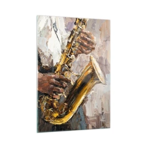 Cuadro sobre vidrio - Impresiones sobre Vidrio - Un músico tocando el saxofón pintado con la técnica del empaste. - 50x70cm - Llegó el momento del solo - Decoración de pared moderna para salón y dormitorio ARTTOR