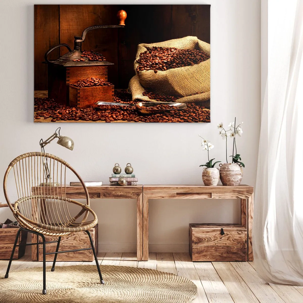 Cuadro sobre lienzo - Impresión de Imagen - Un antiguo molinillo de café con granos y una bolsa en estilo rústico. - 70x50cm - Bodegón con granos de café y molinillo - Decoración de pared moderna para salón y dormitorio ARTTOR