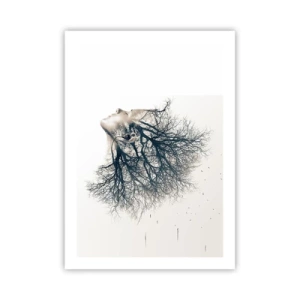 Póster - Un rostro de mujer con ramas que forman cabello en un estilo surrealista. - 50x70cm - Escuchando el susurro de un árbol - Decoración de pared moderna para salón y dormitorio ARTTOR