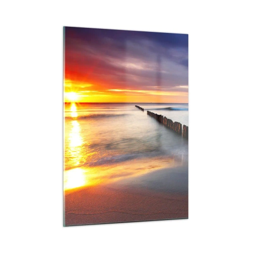 Cuadro sobre vidrio - Impresiones sobre Vidrio - Puesta de sol sobre el mar con rompeolas de madera - 50x70cm - Escuchar el silencio - Decoración de pared moderna para salón y dormitorio ARTTOR