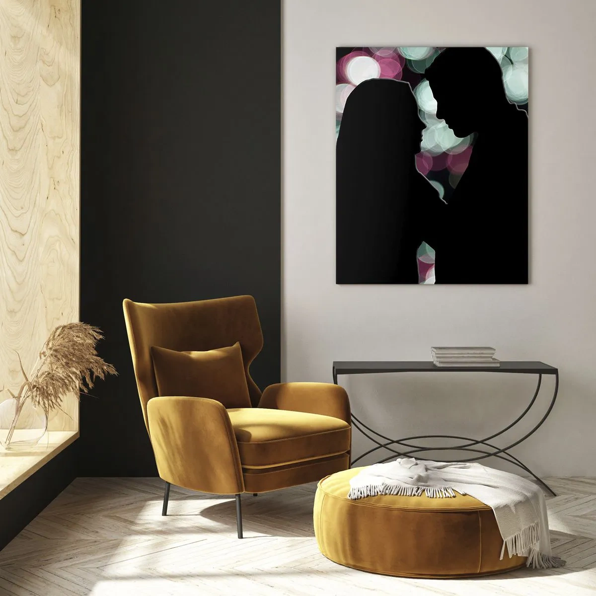 Cuadro sobre vidrio - Impresiones sobre Vidrio - Siluetas de una pareja sobre un fondo de luces bokeh de colores - 80x120cm - ¡Sí! - Decoración de pared moderna para salón y dormitorio ARTTOR