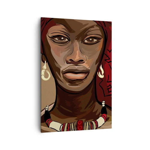 Cuadro sobre lienzo - Impresión de Imagen - Retrato de una mujer con un turbante rojo sobre un fondo beige - 70x100cm - Venus de ébano - Decoración de pared moderna para salón y dormitorio ARTTOR