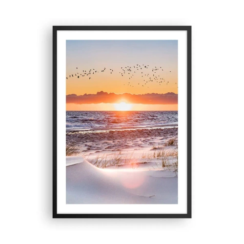 Póster en marco negro - Puesta de sol sobre el mar con pájaros en el horizonte y la playa. - 50x70cm - Paisaje horizontal - Decoración de pared moderna para salón y dormitorio ARTTOR