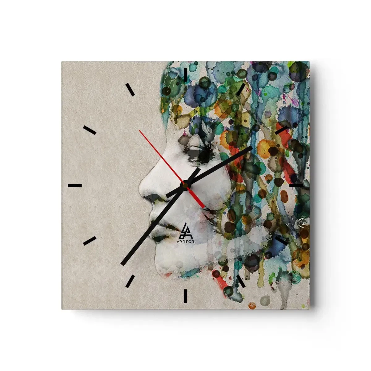 Reloj de pared - Reloj de vidrio - Perfil de una mujer en colores de acuarela con un fondo abstracto - 30x30cm - Salió del gris - Decoración de pared moderna para salón y dormitorio ARTTOR