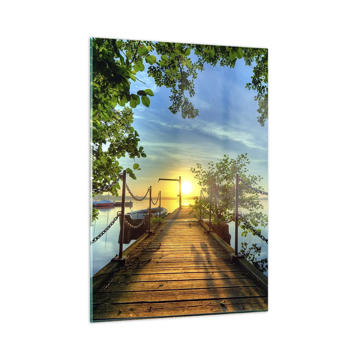 Cuadro sobre vidrio - Impresiones sobre Vidrio - Un muelle con vistas a la puesta de sol sobre el lago. - 50x70cm - Atardecer junto al agua - Decoración de pared moderna para salón y dormitorio ARTTOR