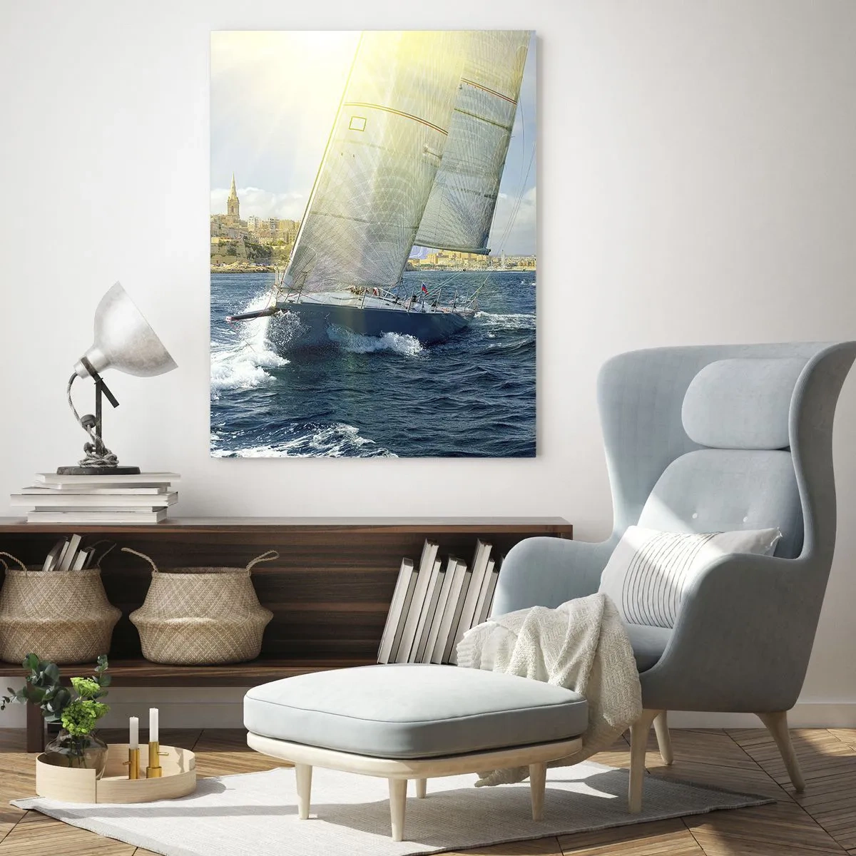 Cuadro sobre vidrio - Impresiones sobre Vidrio - Un yate navegando con el telón de fondo de una ciudad en un día soleado. - 50x70cm - Hora de abandonar la ciudad - Decoración de pared moderna para salón y dormitorio ARTTOR
