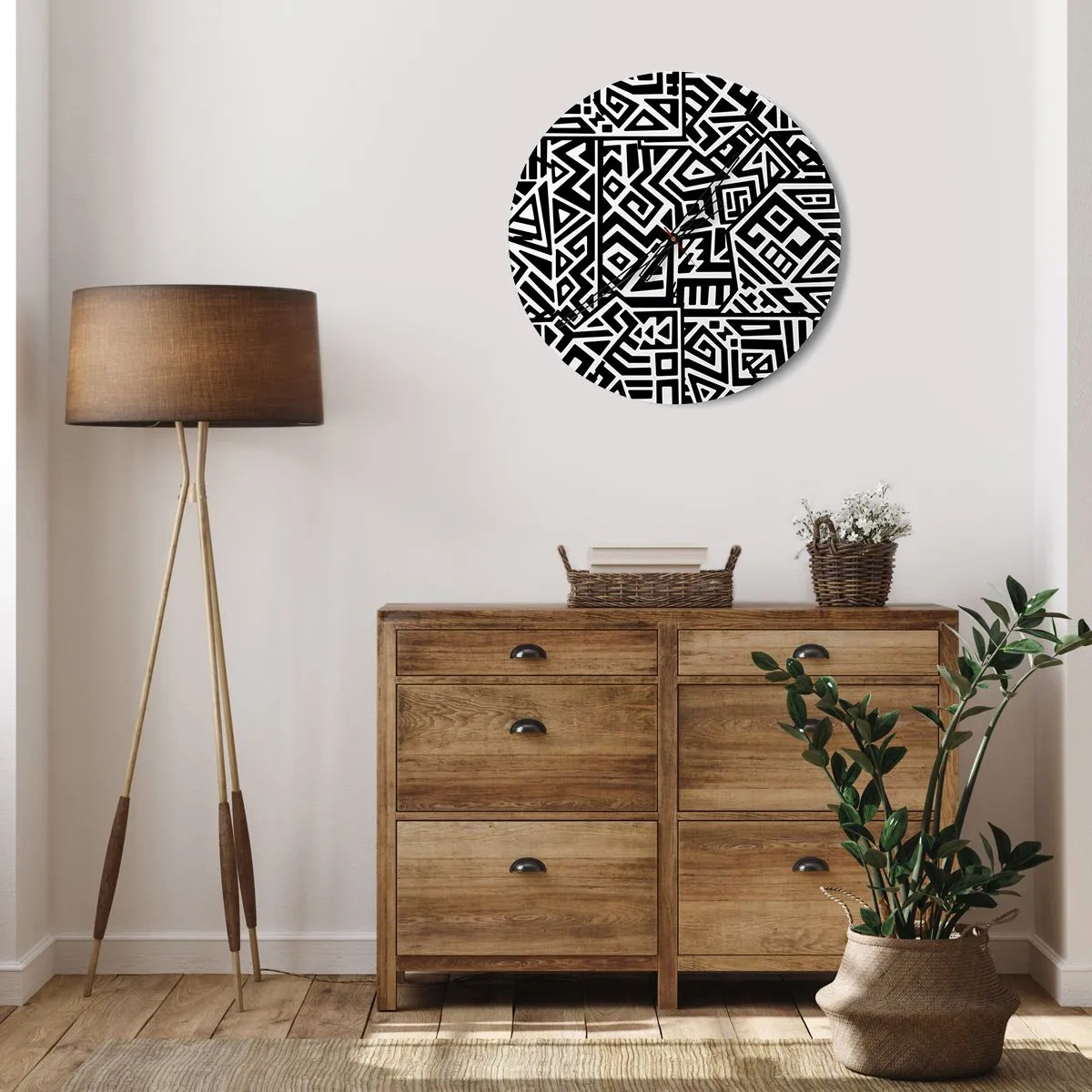Reloj de pared - Reloj de vidrio - Composición en blanco y negro de patrones geométricos. - 30x30cm - Composición precolombina - Decoración de pared moderna para salón, cocina y dormitorio ARTTOR