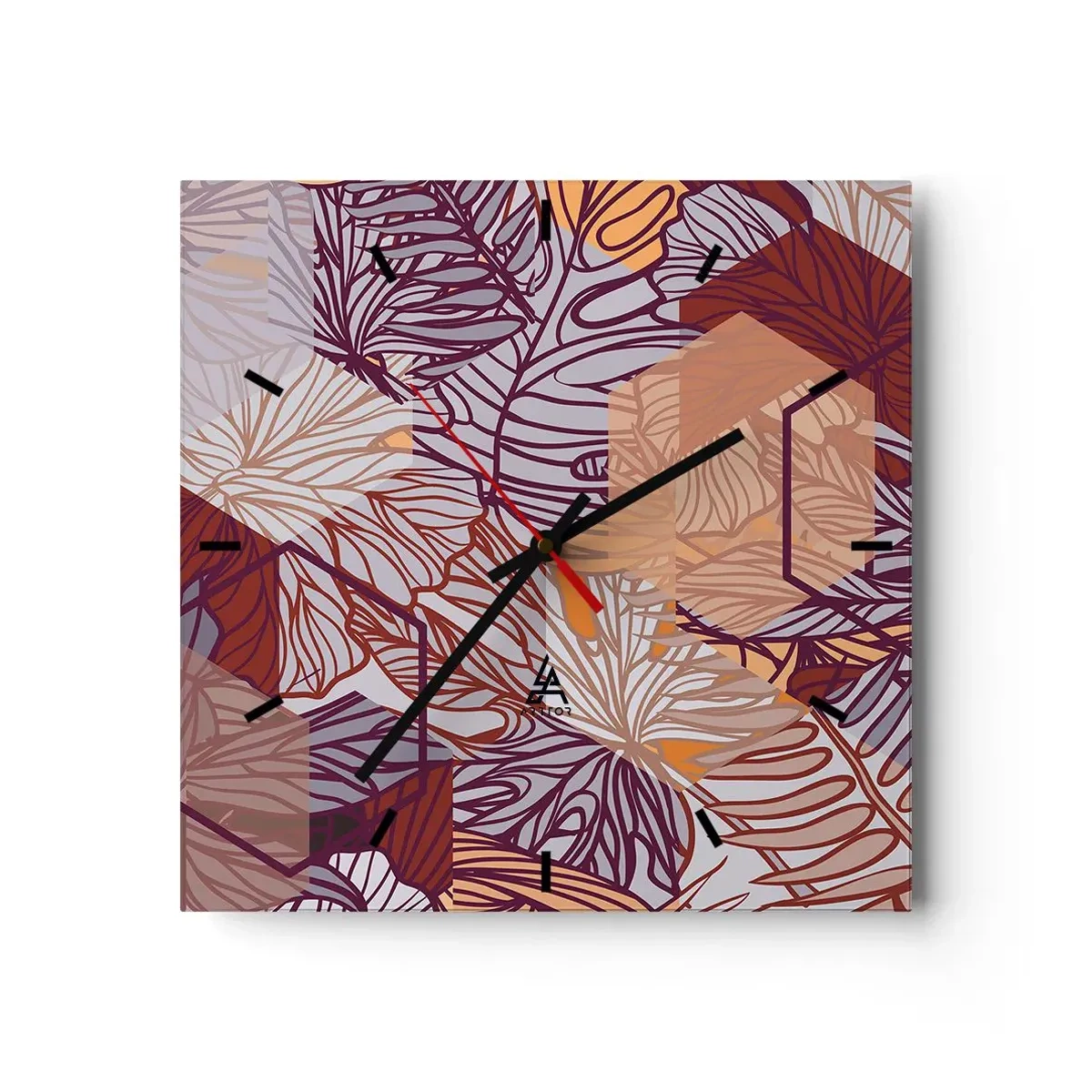 Reloj de pared - Reloj de vidrio - Un patrón decorativo de hojas tropicales en tonos morado, naranja y beige. - 30x30cm - La unión imposible de la geometría y la naturaleza - Decoración de pared moderna para salón y dormitorio ARTTOR