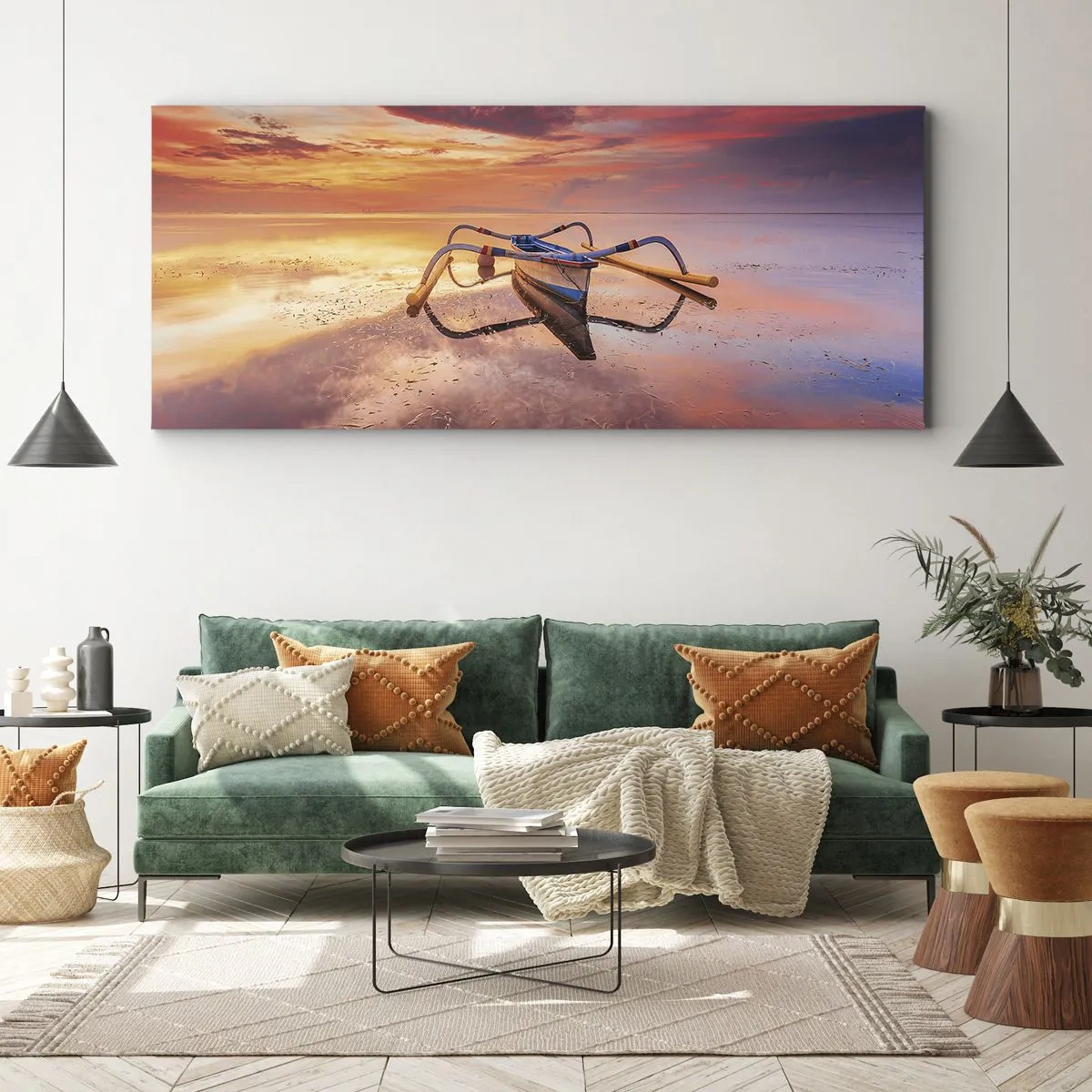Cuadro sobre lienzo - Impresión de Imagen - Un barco en aguas tranquilas al atardecer. - 140x50cm - Calma de una tarde tropical - Decoración de pared moderna para salón y dormitorio ARTTOR