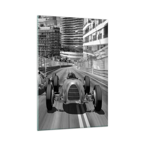 Cuadro sobre vidrio - Impresiones sobre Vidrio - Escena de carrera de coches retro monocromática - 80x120cm - Érase una vez en Montecarlo - Decoración de pared moderna para salón y dormitorio ARTTOR