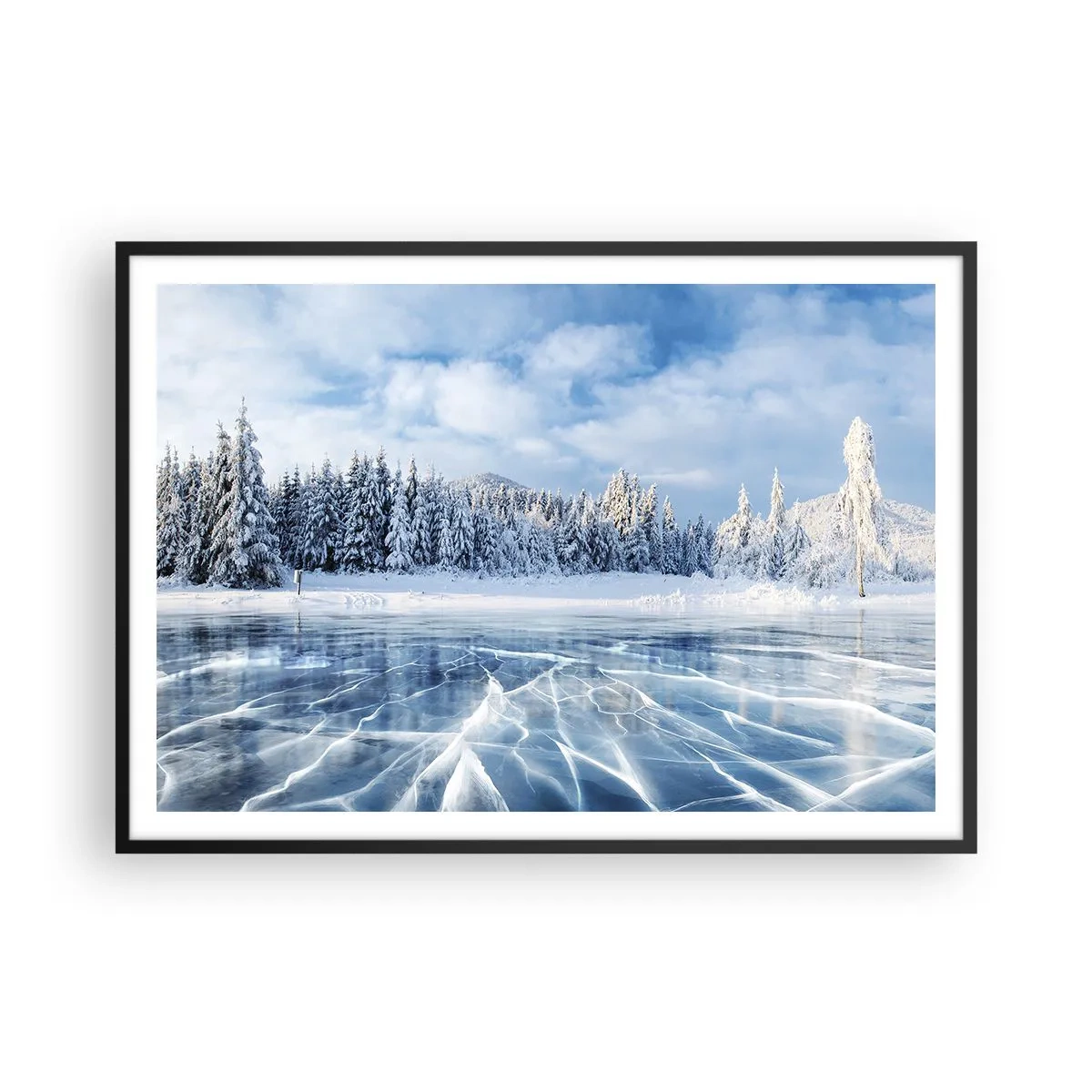 Póster en marco negro - Un lago congelado rodeado de un bosque cubierto de nieve. - 100x70cm - Vista deslumbrante y cristalina - Decoración de pared moderna para salón y dormitorio ARTTOR