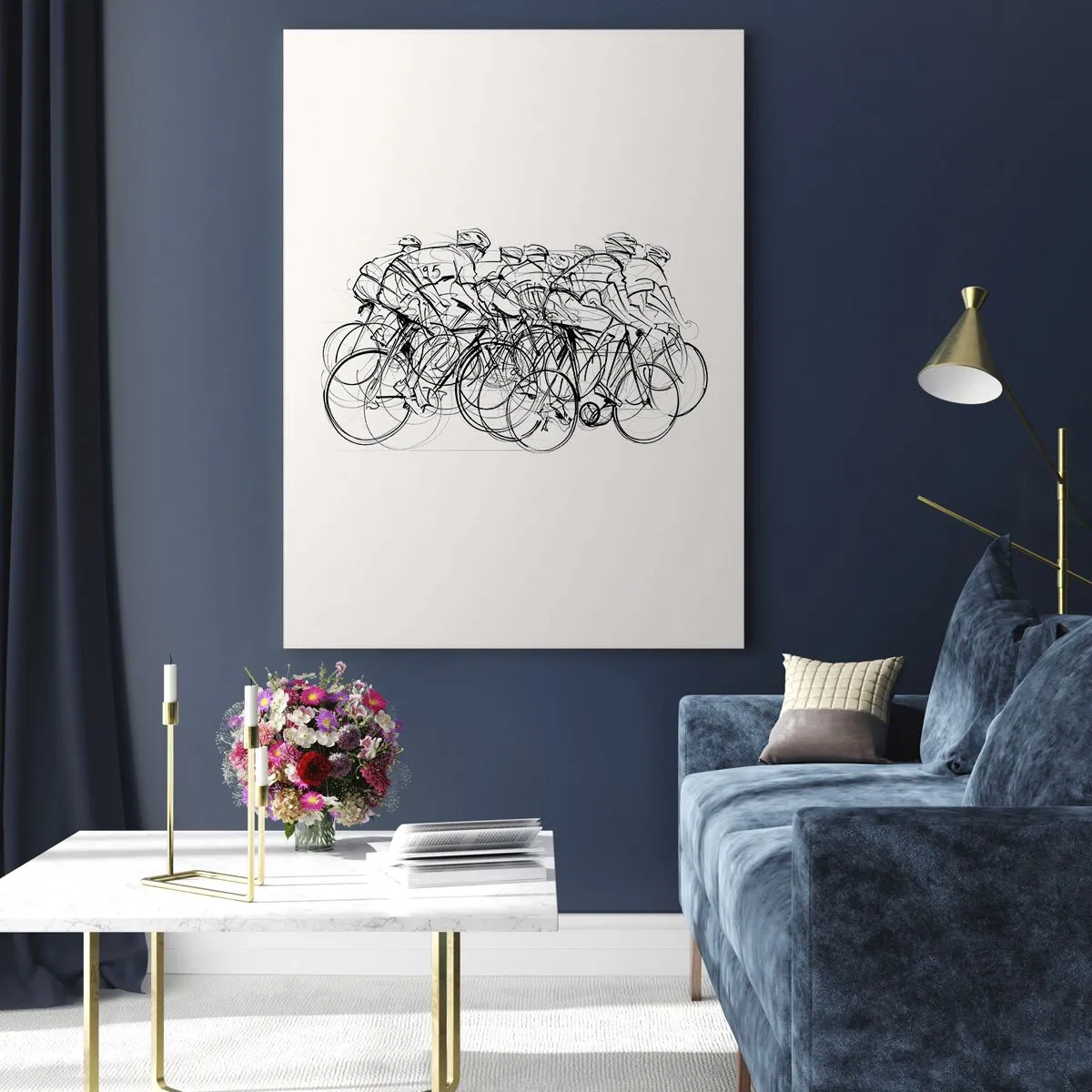 Cuadro sobre vidrio - Impresiones sobre Vidrio - Un grupo de ciclistas en movimiento en un estilo minimalista. - 70x100cm - Juntos como un equipo - Decoración de pared moderna para salón y dormitorio ARTTOR