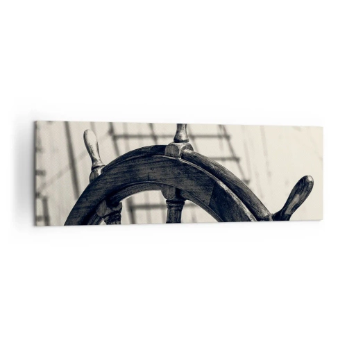 Cuadro sobre lienzo - Impresión de Imagen - Un timón de vela de estilo retro con un barco al fondo. - 160x50cm - Un cuento marino - Decoración de pared moderna para salón y dormitorio ARTTOR