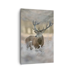 Cuadro sobre lienzo - Impresión de Imagen - Un ciervo en un claro helado en un bosque invernal con colores sutiles. - 80x120cm - Una mañana fresca - Decoración de pared moderna para salón y dormitorio ARTTOR