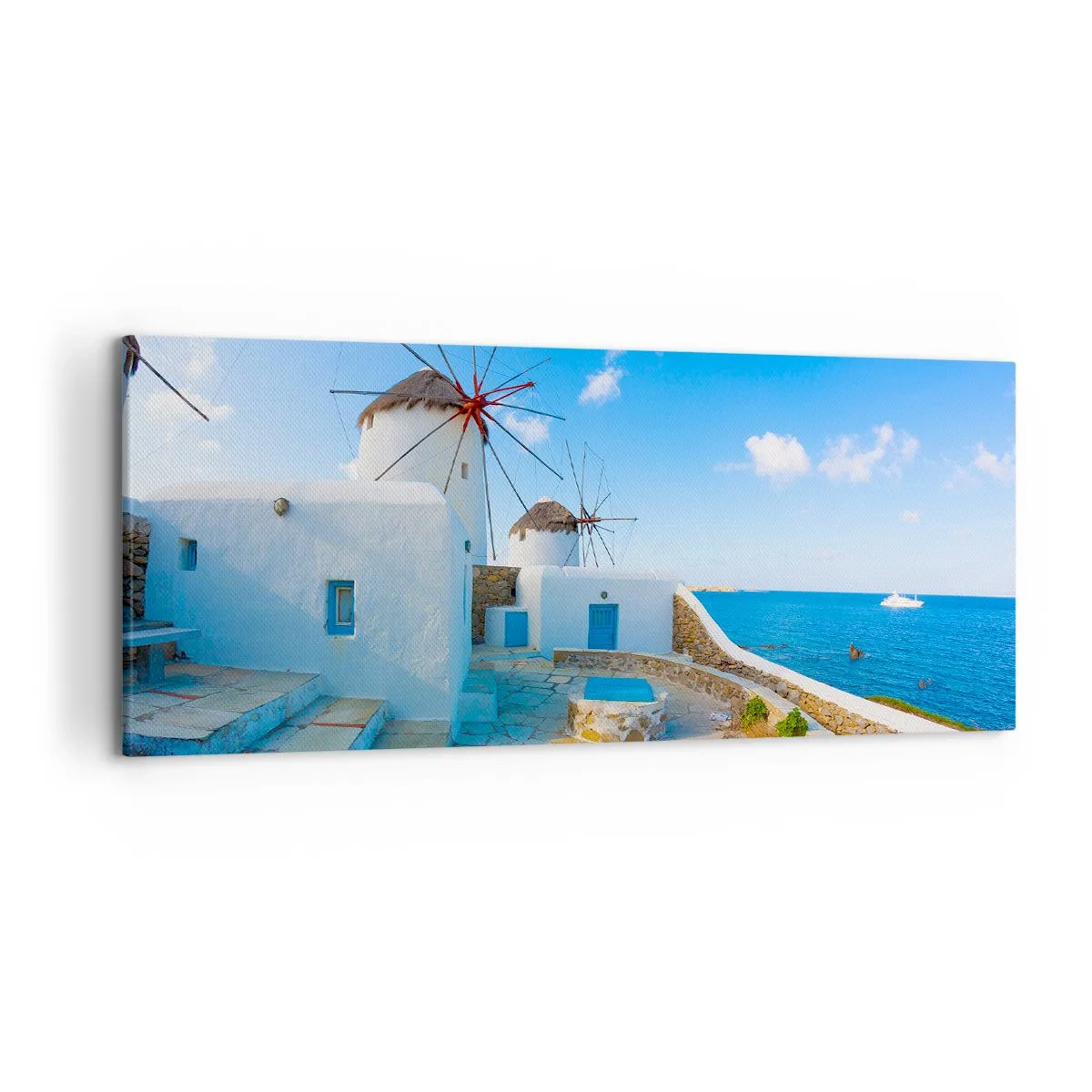Cuadro sobre lienzo - Impresión de Imagen - Molinos de viento blancos en las orillas del mar azul - 120x50cm - Viento azul marino - Decoración de pared moderna para salón y dormitorio ARTTOR