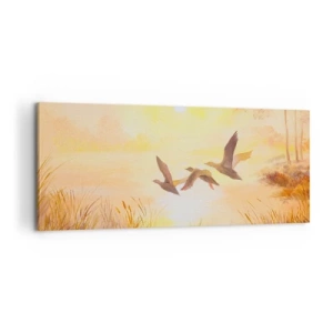 Cuadro sobre lienzo - Impresión de Imagen - Patos volando al amanecer sobre el lago - 120x50cm - El comienzo de un largo viaje - Decoración de pared moderna para salón y dormitorio ARTTOR