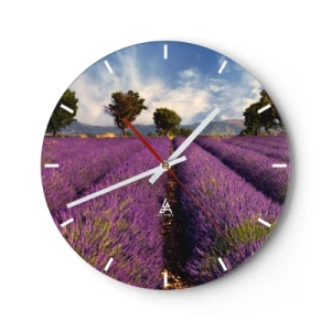 Reloj de pared - Reloj de vidrio - Un campo de lavanda con vistas a las montañas. - 30x30cm - Campos de lavanda - Decoración de pared moderna para salón, cocina y dormitorio ARTTOR