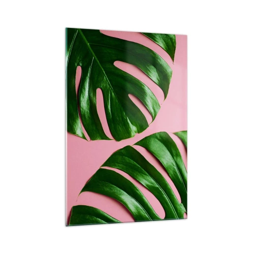 Cuadro sobre vidrio - Impresiones sobre Vidrio - Hojas de monstera verde sobre un fondo rosa - 70x100cm - Cita con el verde - Decoración de pared moderna para salón y dormitorio ARTTOR